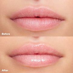 Before and after applying Wet Lip Oil Gloss in the shade Unzipped