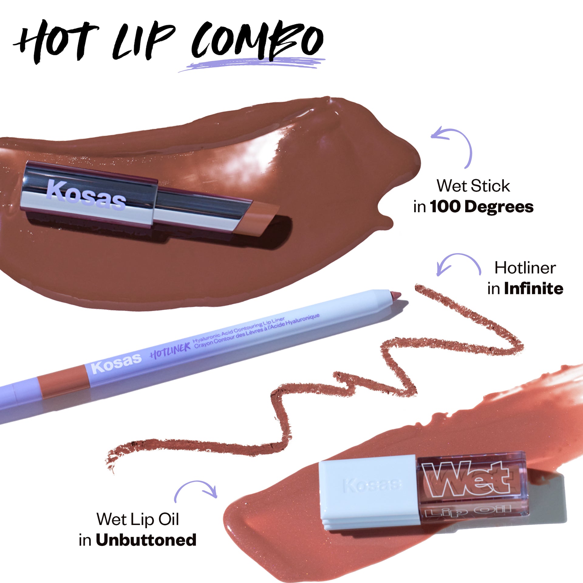 Hot lip combo (Wet lip oil in Unbuttoned, Hotliner in Infinite, Wet Stick in 100 degrees)