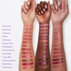 Lip swatches on three different skin tones